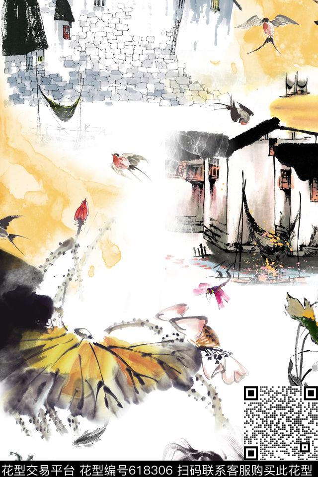 中国风水墨花鸟数码印花华亿平台下载（图片编号: 618306） - 瓦栏（Walan）