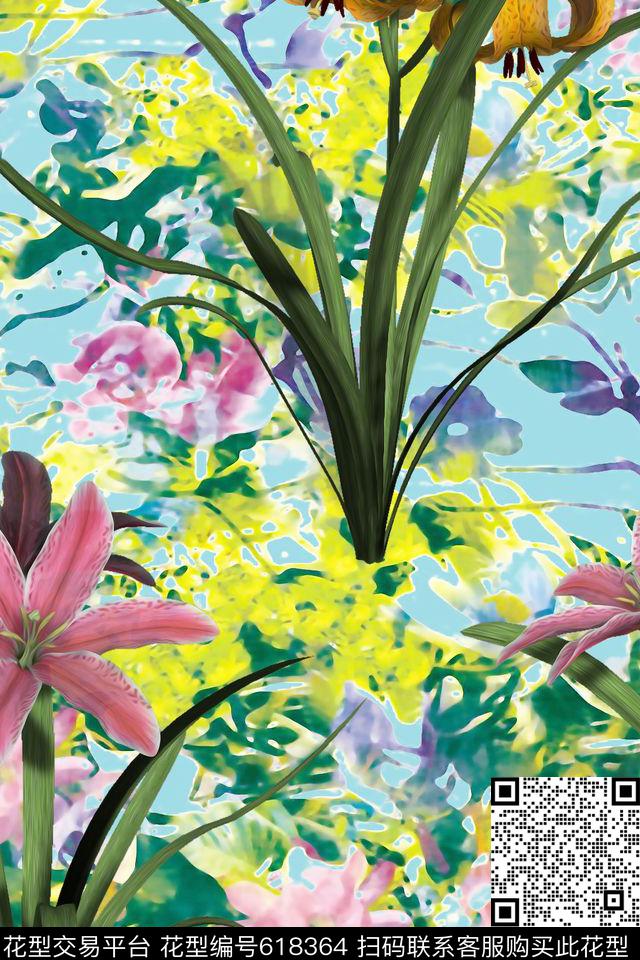 花卉水彩女装数码印花华亿平台下载（图片编号: 618364） - 瓦栏（Walan）