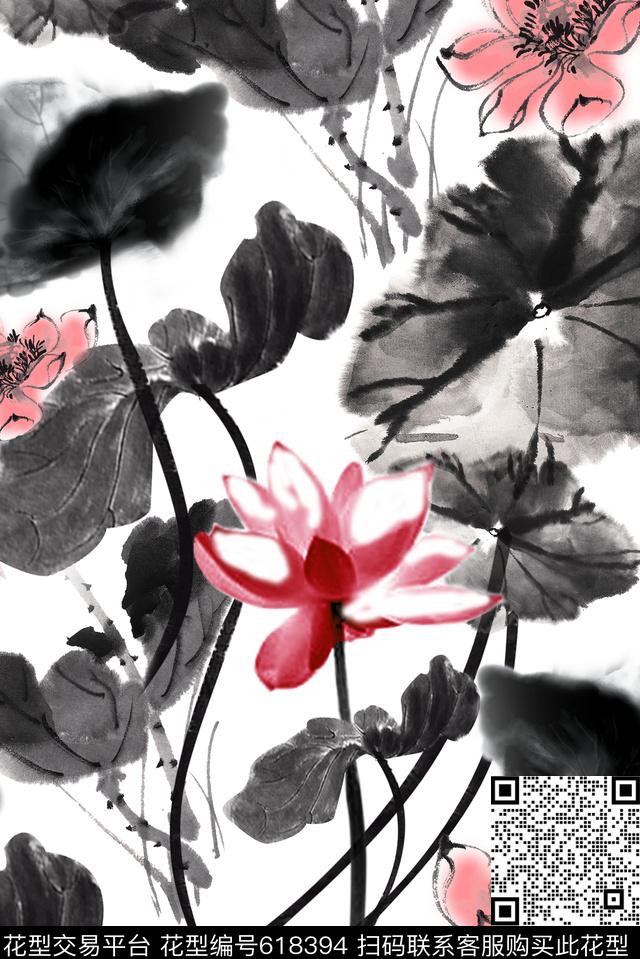 水墨荷花国画数码印花华亿平台下载（图片编号: 618394） - 瓦栏（Walan）