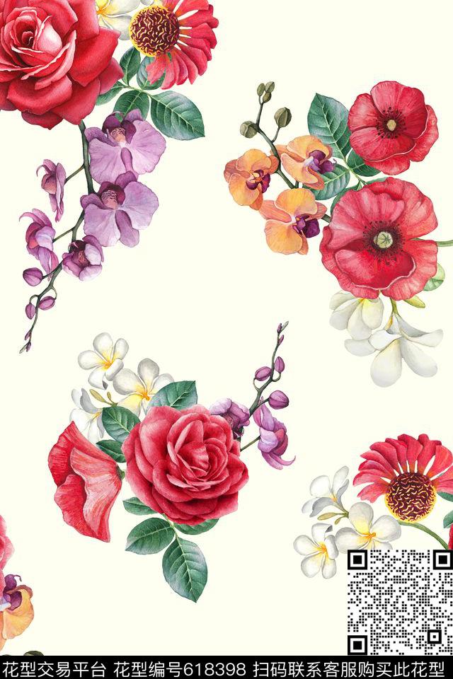 玫瑰花卉米色数码印花华亿平台下载（图片编号: 618398） - 瓦栏（Walan）