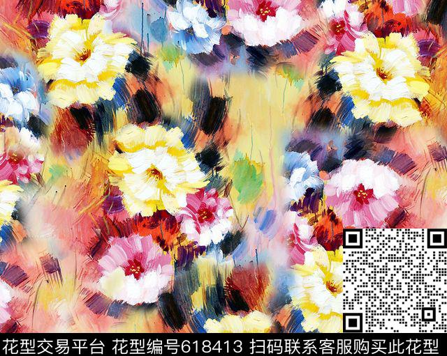 手绘花卉数码印花华亿平台下载（图片编号: 618413） - 瓦栏（Walan）