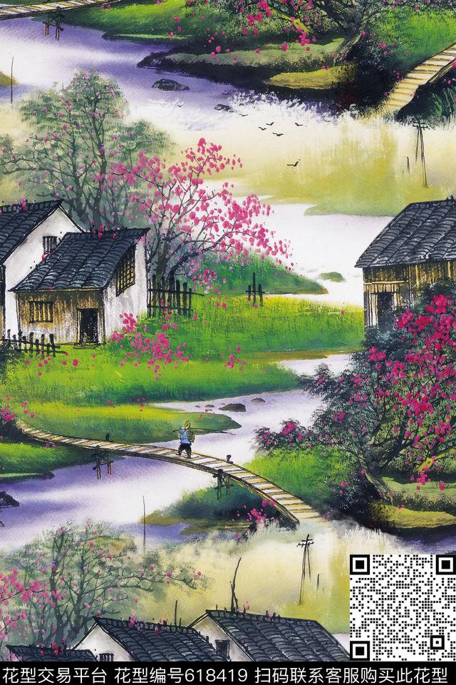 水墨国画山水画数码印花华亿平台下载（图片编号: 618419） - 瓦栏（Walan）