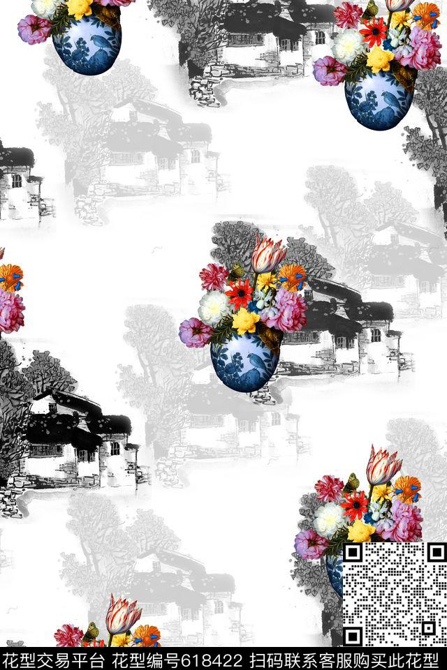 风景中国风花朵数码印花华亿平台下载（图片编号: 618422） - 瓦栏（Walan）