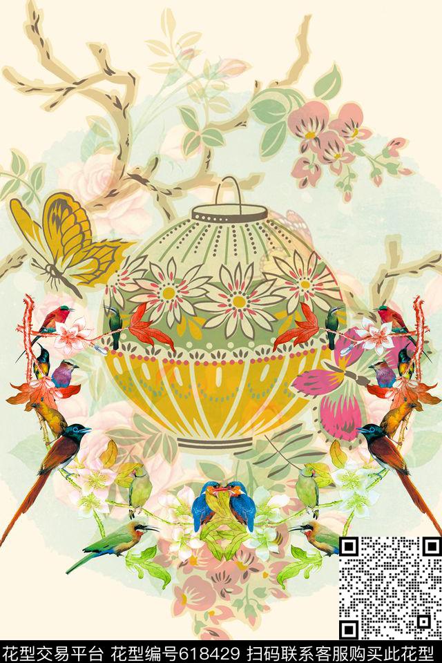 中国风花鸟定位数码印花华亿平台下载（图片编号: 618429） - 瓦栏（Walan）