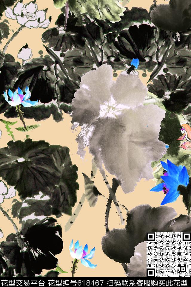 女装水墨荷花数码印花华亿平台下载（图片编号: 618467） - 瓦栏（Walan）