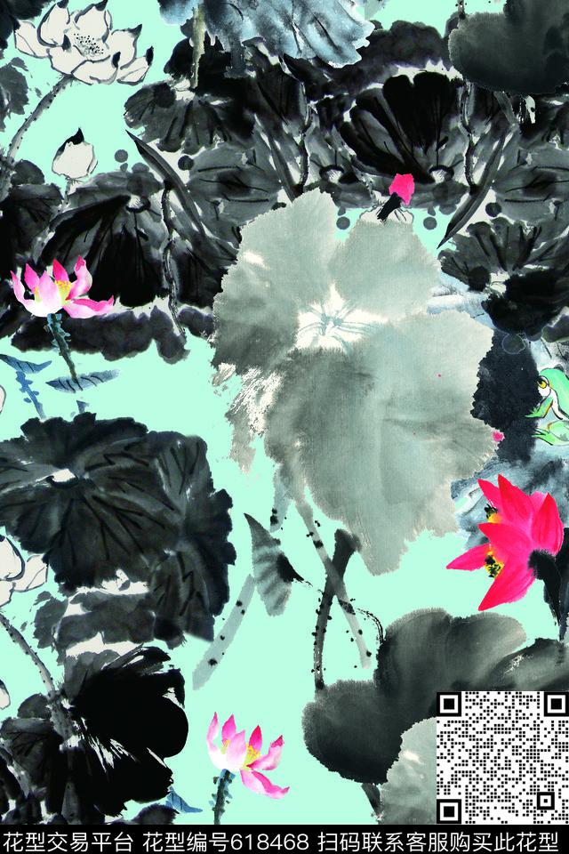 女装水墨荷花数码印花华亿平台下载（图片编号: 618468） - 瓦栏（Walan）