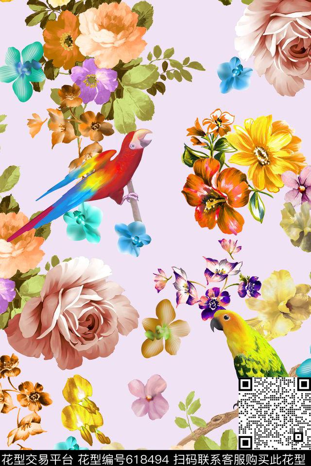 小碎花花鸟玫瑰数码印花华亿平台下载（图片编号: 618494） - 瓦栏（Walan）