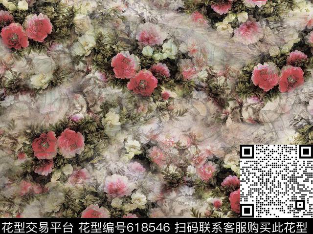 水墨花卉花卉数码印花华亿平台下载（图片编号: 618546） - 瓦栏（Walan）