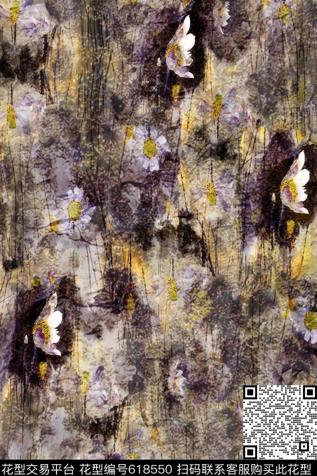 水墨花卉抽象写意花卉纹理数码印花华亿平台下载（图片编号: 618550） - 瓦栏（Walan）