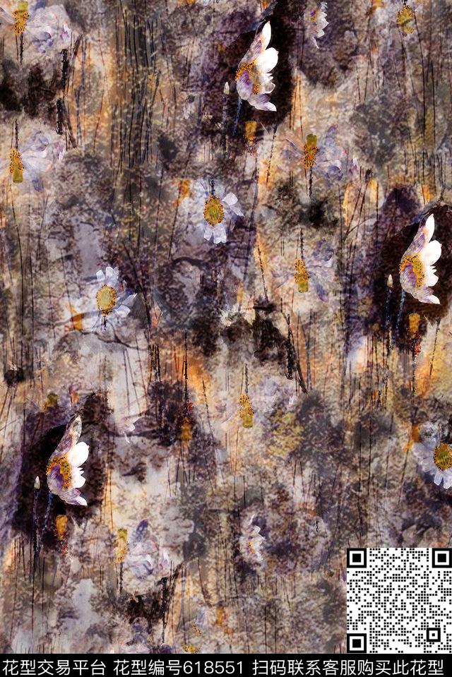 水墨花卉抽象写意花卉纹理数码印花华亿平台下载（图片编号: 618551） - 瓦栏（Walan）