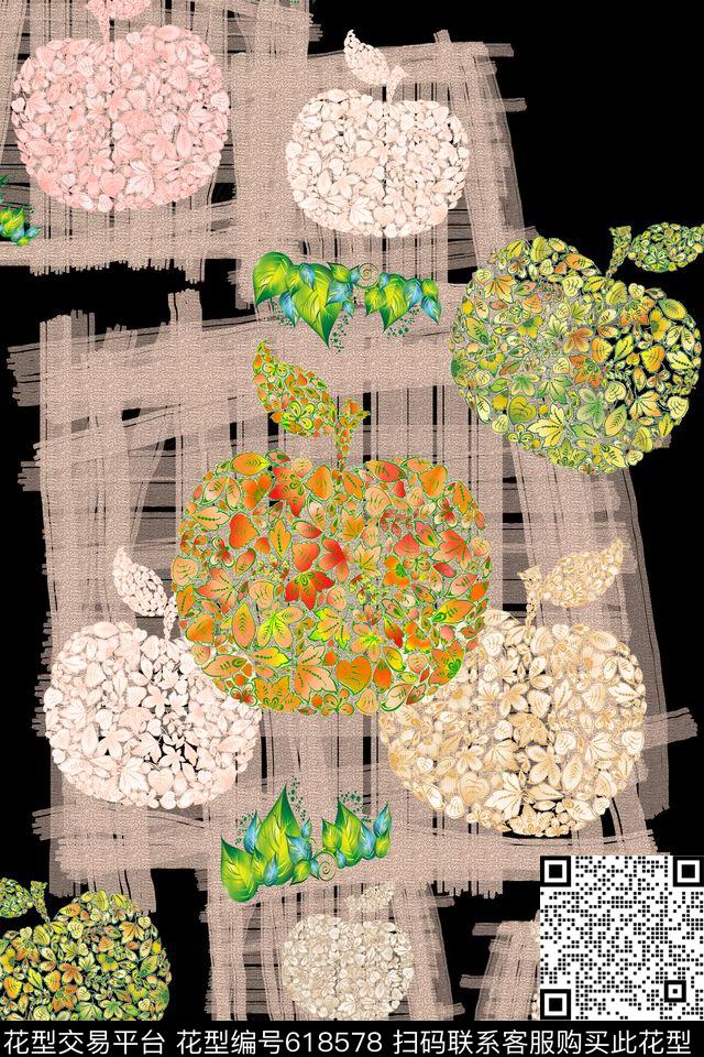 水彩笔触抽象图案苹果组合印花华亿平台下载（图片编号: 618578） - 瓦栏（Walan）