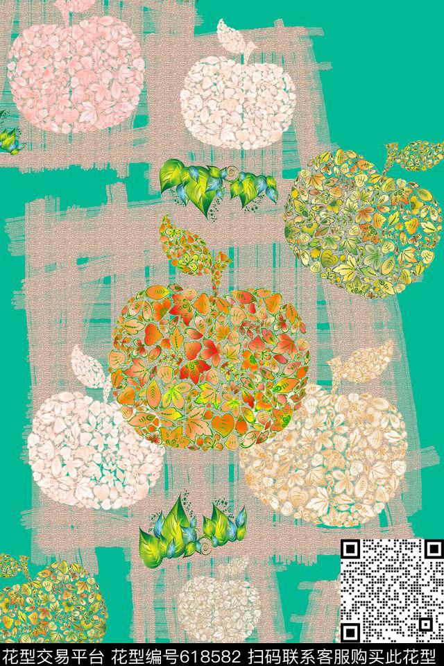 水彩笔触抽象图案苹果组合印花华亿平台下载（图片编号: 618582） - 瓦栏（Walan）