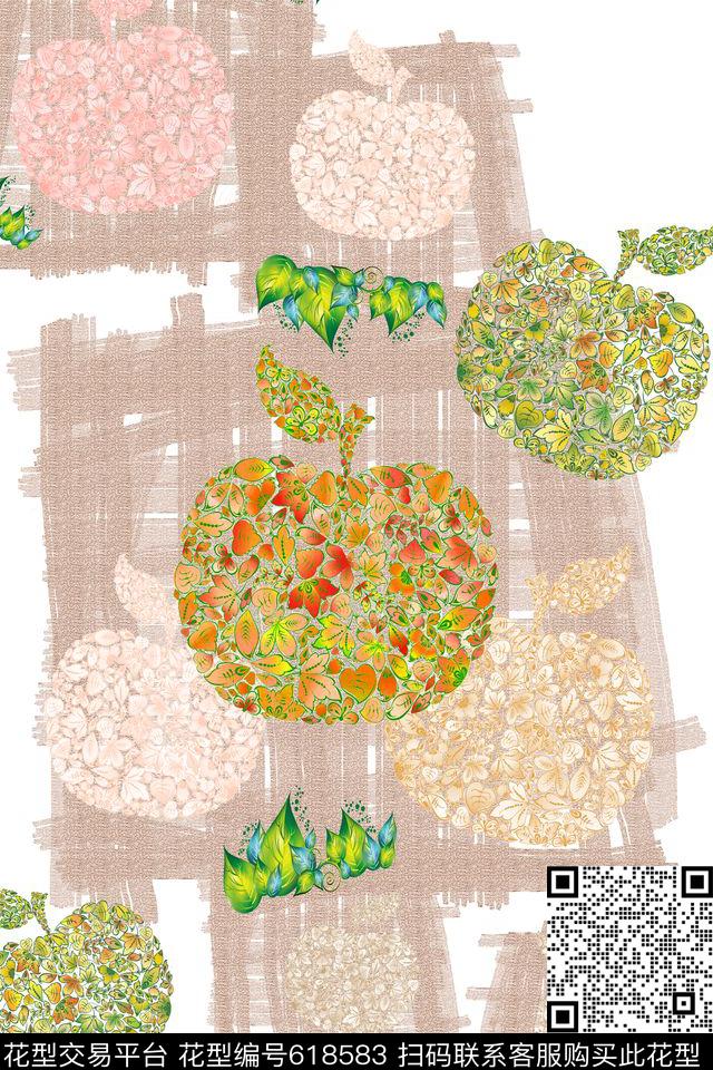 水彩笔触抽象图案苹果组合印花华亿平台下载（图片编号: 618583） - 瓦栏（Walan）