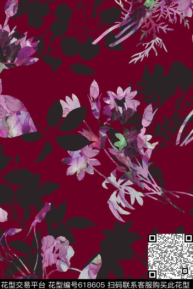 手绘花卉韩版花卉乱花数码印花华亿平台下载（图片编号: 618605） - 瓦栏（Walan）
