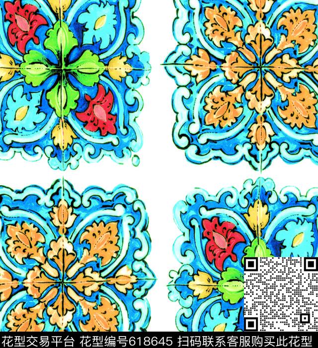 方形花古典民族风数码印花华亿平台下载（图片编号: 618645） - 瓦栏（Walan）