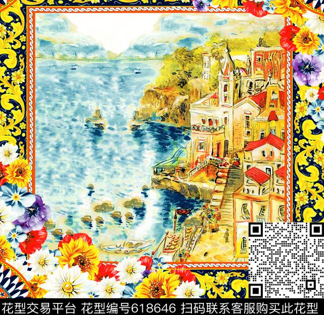 方形花村庄建筑数码印花华亿平台下载（图片编号: 618646） - 瓦栏（Walan）