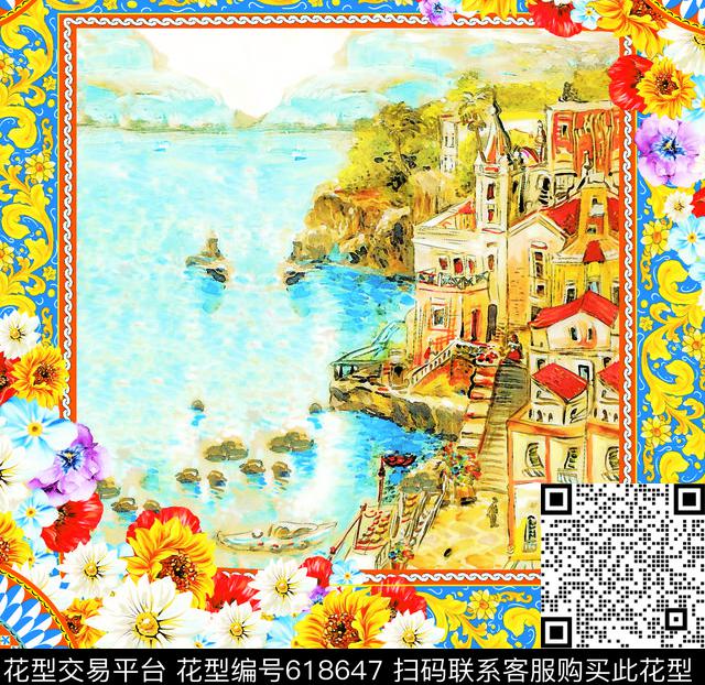 方形花村庄建筑数码印花华亿平台下载（图片编号: 618647） - 瓦栏（Walan）