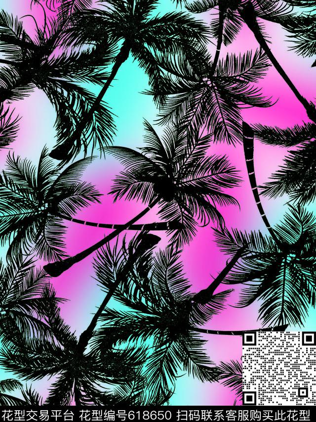 椰树热带风情休闲时尚数码印花华亿平台下载（图片编号: 618650） - 瓦栏（Walan）