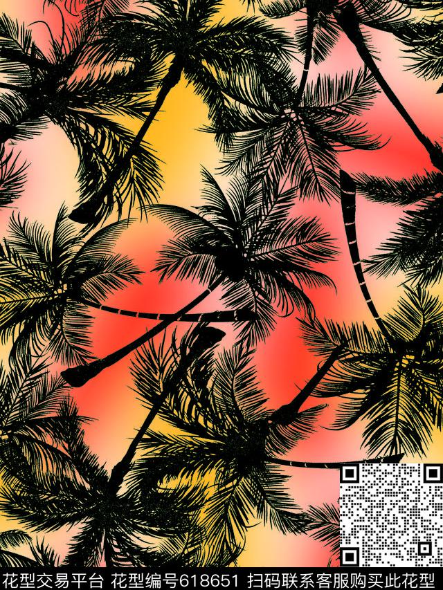 椰树热带风情休闲时尚数码印花华亿平台下载（图片编号: 618651） - 瓦栏（Walan）