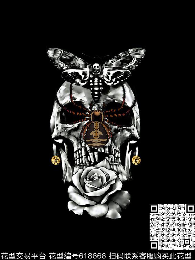 骷髅头蜘蛛蝴蝶数码印花华亿平台下载（图片编号: 618666） - 瓦栏（Walan）