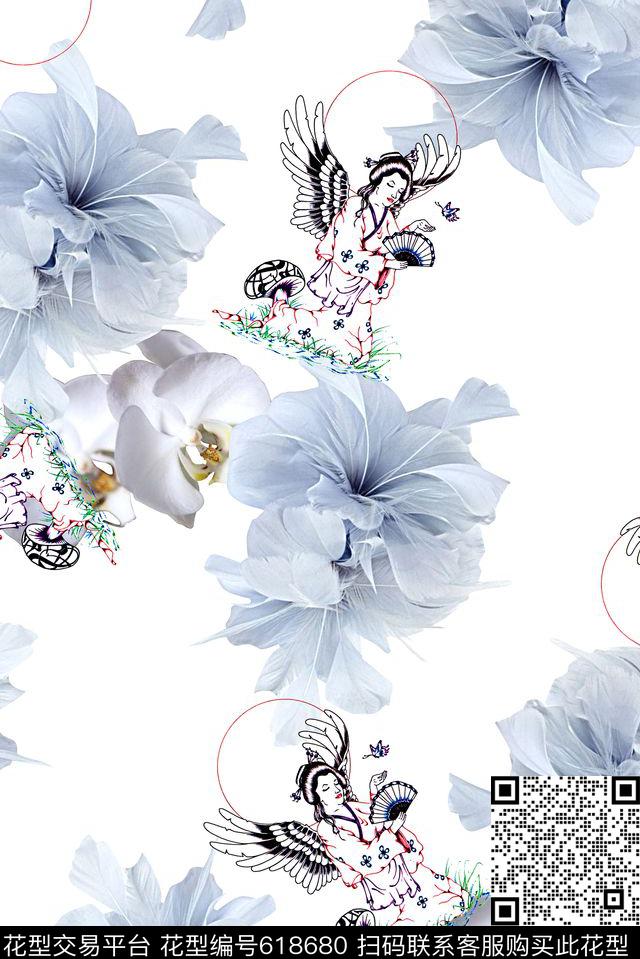 时尚羽毛玫瑰花花卉抽象人物手绘印花时尚大牌女装印花数码印花华亿平台下载（图片编号: 618680） - 瓦栏（Walan）