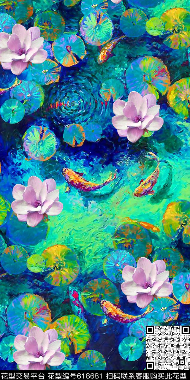 油画荷花抽象几何清爽梦幻艺术平底立体手绘满版最新高清数码蕾丝民族中国风绣花珠宝肌理时尚潮

流大牌复古欧美风女装裙数码印花华亿平台下载（图片编号: 618681） - 瓦栏（Walan）
