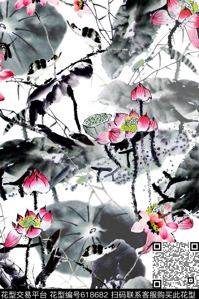 中国风水墨荷花数码印花华亿平台下载（图片编号: 618682） - 瓦栏（Walan）
