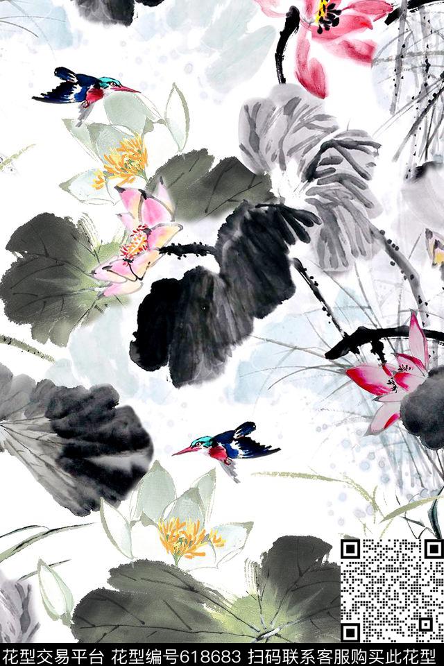中国风水墨荷花数码印花华亿平台下载（图片编号: 618683） - 瓦栏（Walan）