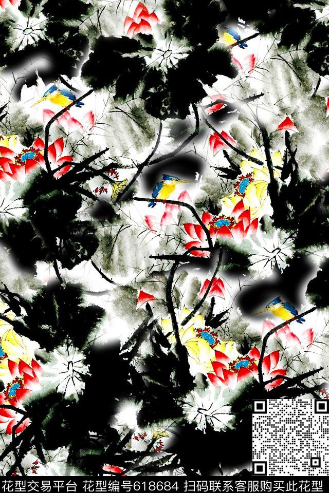 中国风水墨荷花数码印花华亿平台下载（图片编号: 618684） - 瓦栏（Walan）