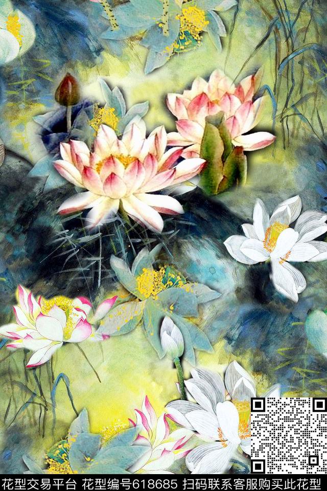 中国风水墨荷花数码印花华亿平台下载（图片编号: 618685） - 瓦栏（Walan）