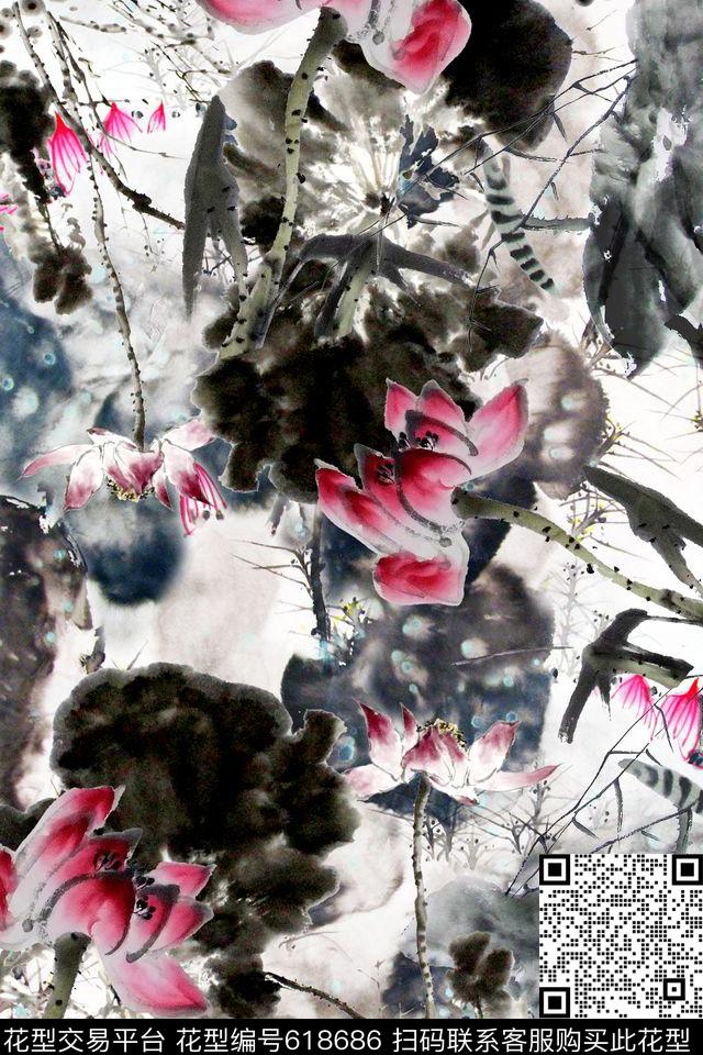 中国风水墨荷花数码印花华亿平台下载（图片编号: 618686） - 瓦栏（Walan）