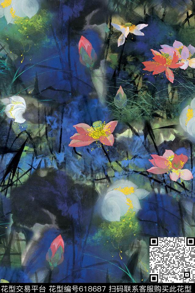 中国风水墨荷花数码印花华亿平台下载（图片编号: 618687） - 瓦栏（Walan）