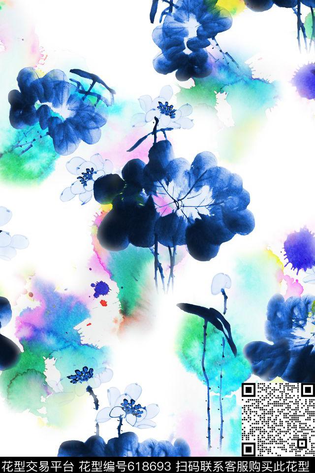 中国风水墨荷花数码印花华亿平台下载（图片编号: 618693） - 瓦栏（Walan）