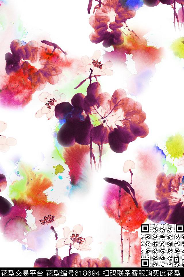 中国风水墨荷花数码印花华亿平台下载（图片编号: 618694） - 瓦栏（Walan）