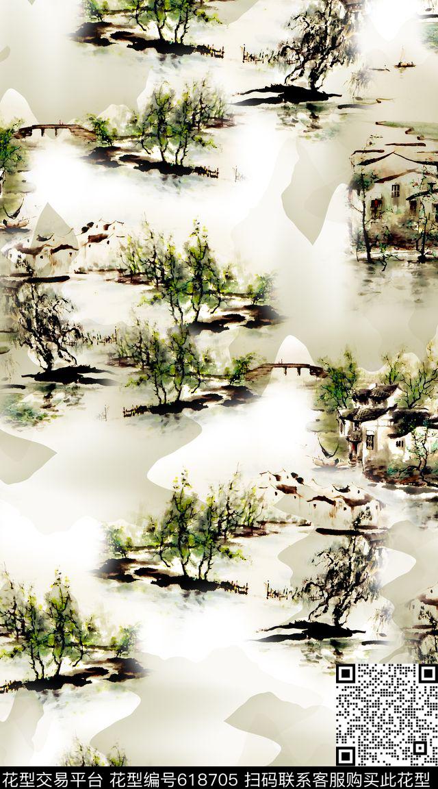 山水古镇中国风数码印花华亿平台下载（图片编号: 618705） - 瓦栏（Walan）