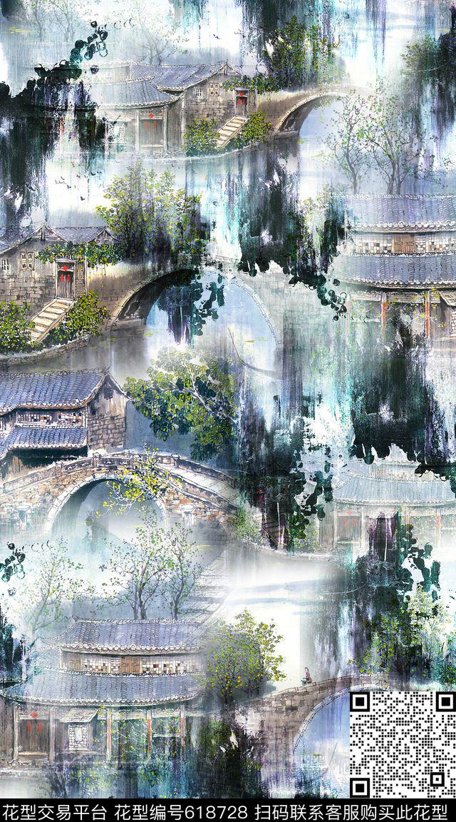 古镇中国风风景数码印花华亿平台下载（图片编号: 618728） - 瓦栏（Walan）
