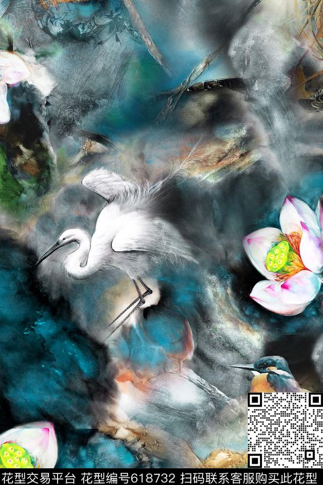 风景中国风荷花数码印花华亿平台下载（图片编号: 618732） - 瓦栏（Walan）