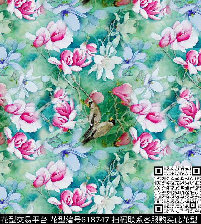 旗袍花卉鸟数码印花华亿平台下载（图片编号: 618747） - 瓦栏（Walan）