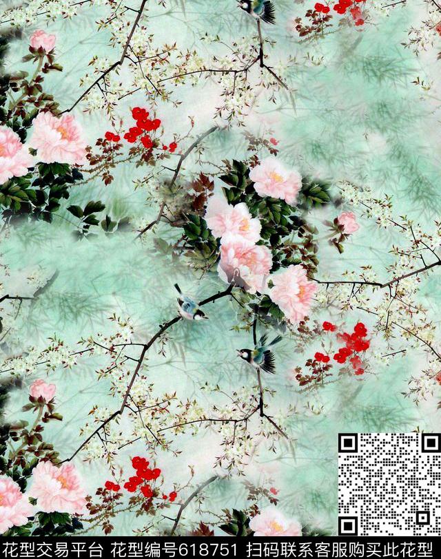 旗袍小花鸟数码印花华亿平台下载（图片编号: 618751） - 瓦栏（Walan）