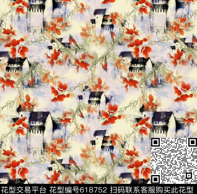 旗袍中国风手绘数码印花华亿平台下载（图片编号: 618752） - 瓦栏（Walan）