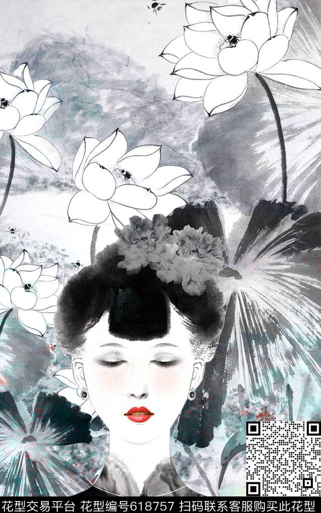 美人旗袍印花中国风山水画数码印花华亿平台下载（图片编号: 618757） - 瓦栏（Walan）