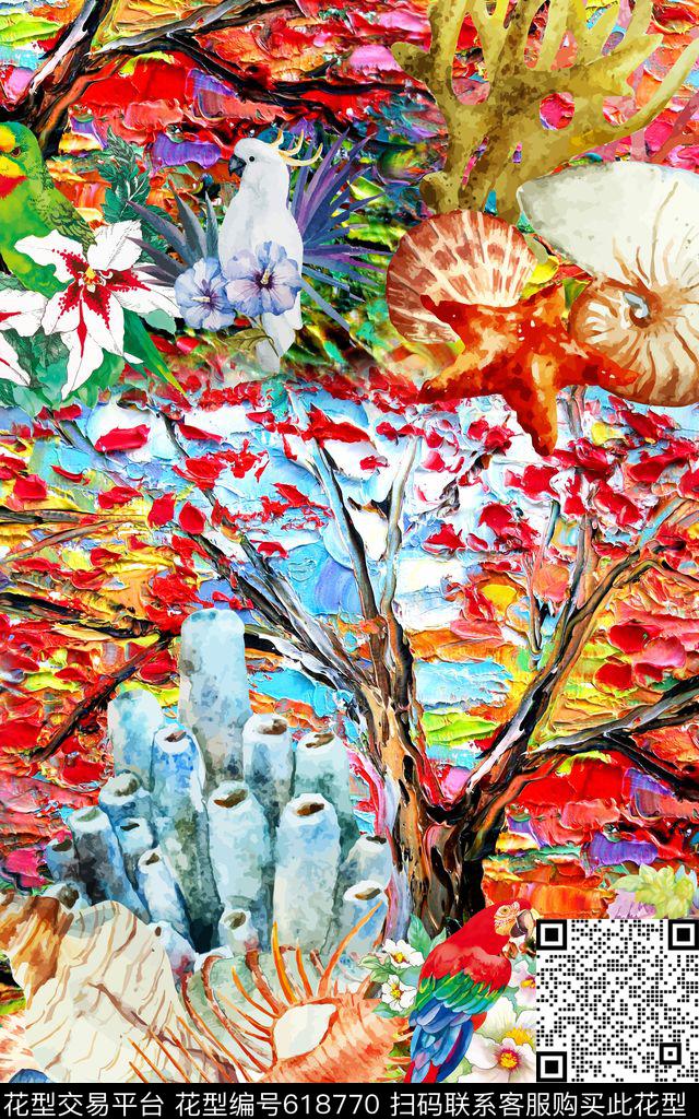 油画粗笔树数码印花华亿平台下载（图片编号: 618770） - 瓦栏（Walan）