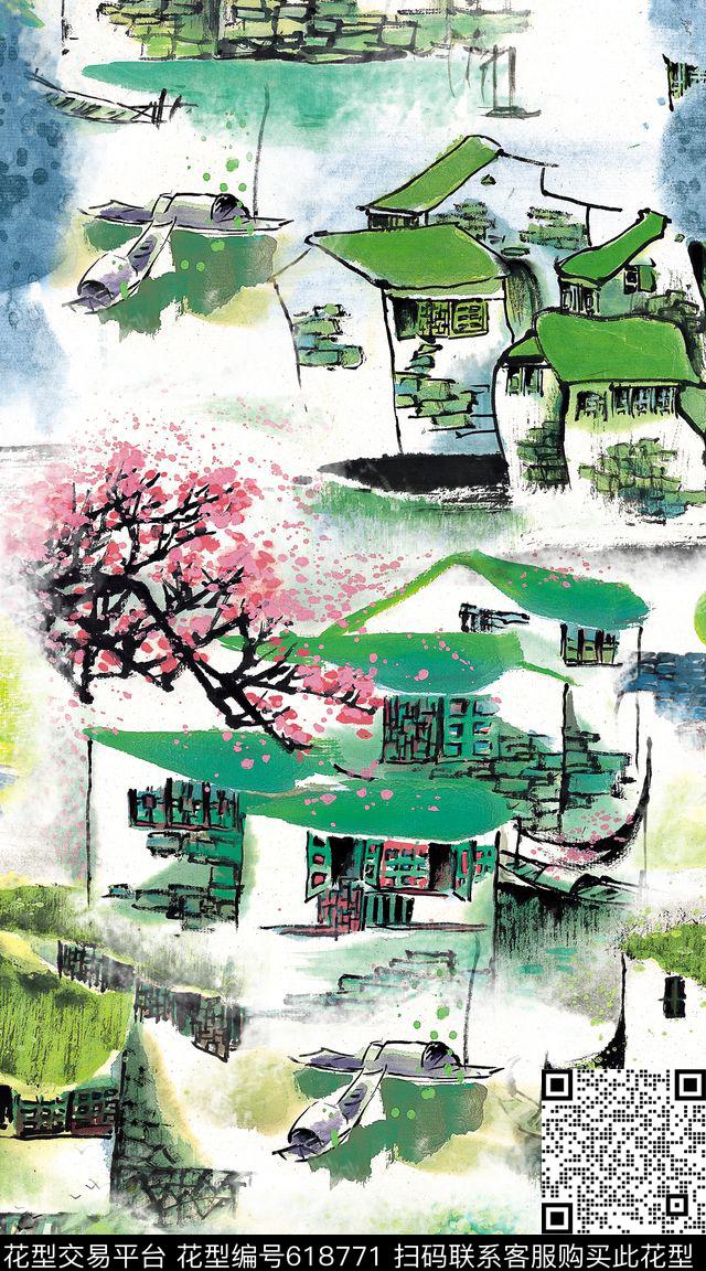 古镇风景水墨数码印花华亿平台下载（图片编号: 618771） - 瓦栏（Walan）