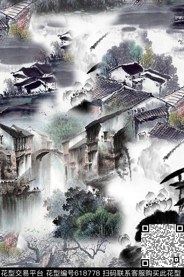 时尚创意设计中国风时尚潮流旗袍印花时尚手绘山水花印花数码印花华亿平台下载（图片编号: 618778） - 瓦栏（Walan）