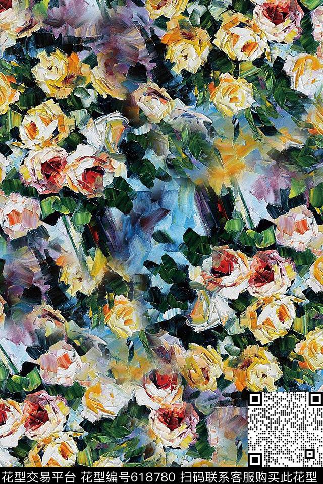 时尚大头笔触水彩画大牌潮流设计女装裙子印花彩色欧美油画印花风格数码印花华亿平台下载（图片编号: 618780） - 瓦栏（Walan）