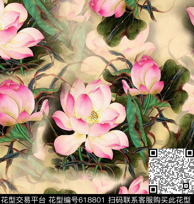 旗袍满版荷花数码印花华亿平台下载（图片编号: 618801） - 瓦栏（Walan）