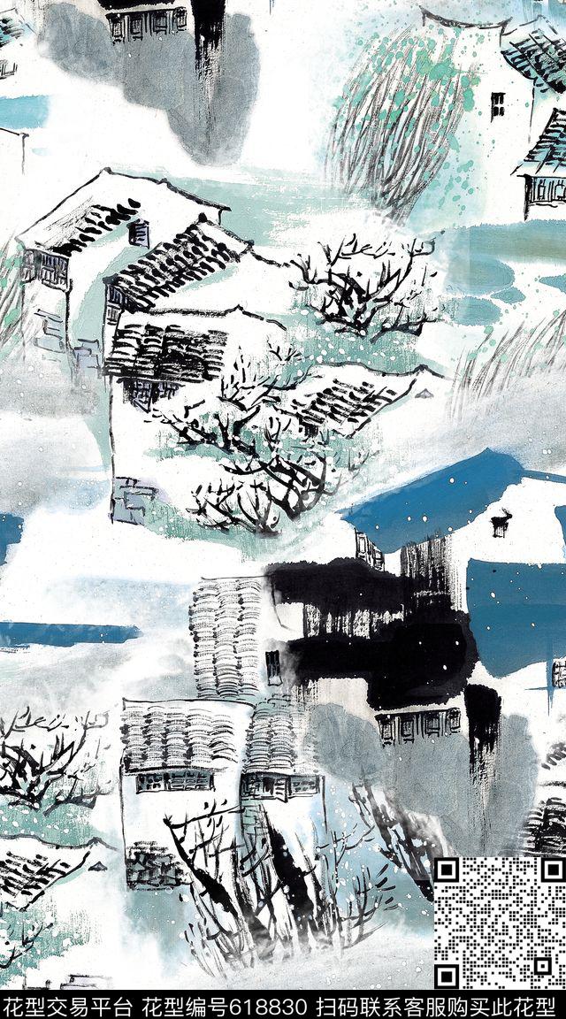 古镇水墨民族风数码印花华亿平台下载（图片编号: 618830） - 瓦栏（Walan）