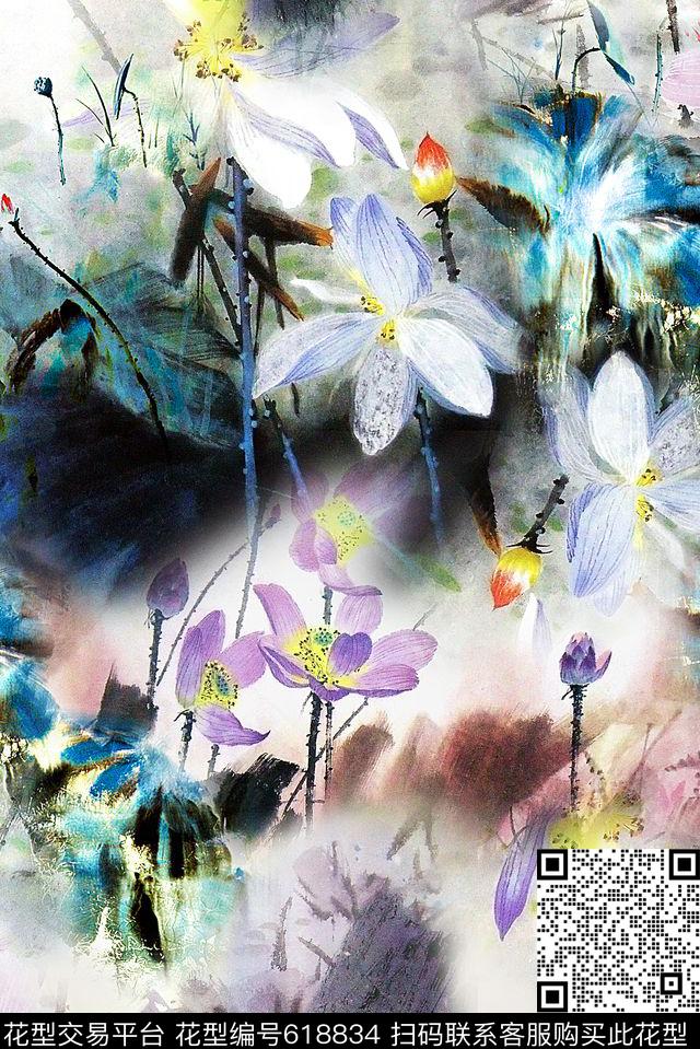 花卉抽象油画数码印花华亿平台下载（图片编号: 618834） - 瓦栏（Walan）