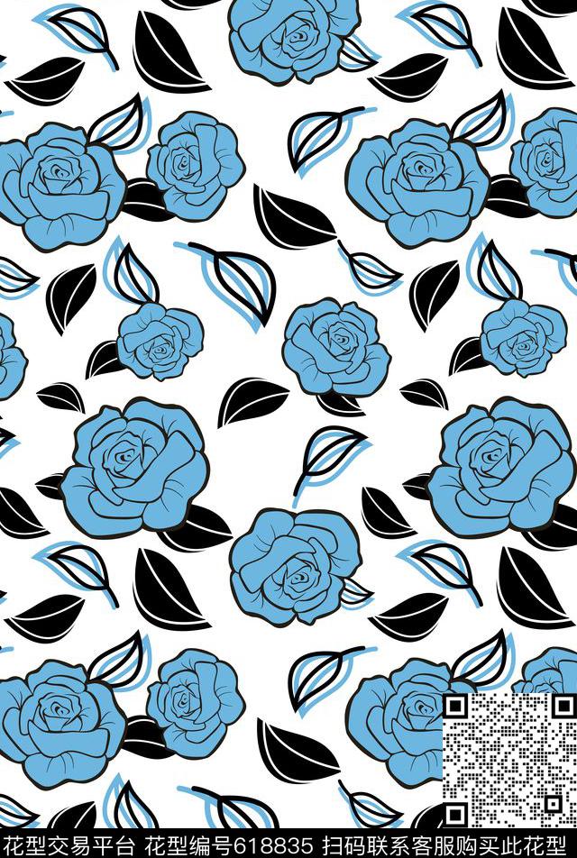玫瑰树叶花卉碎花大花小花传统印花华亿平台下载（图片编号: 618835） - 瓦栏（Walan）