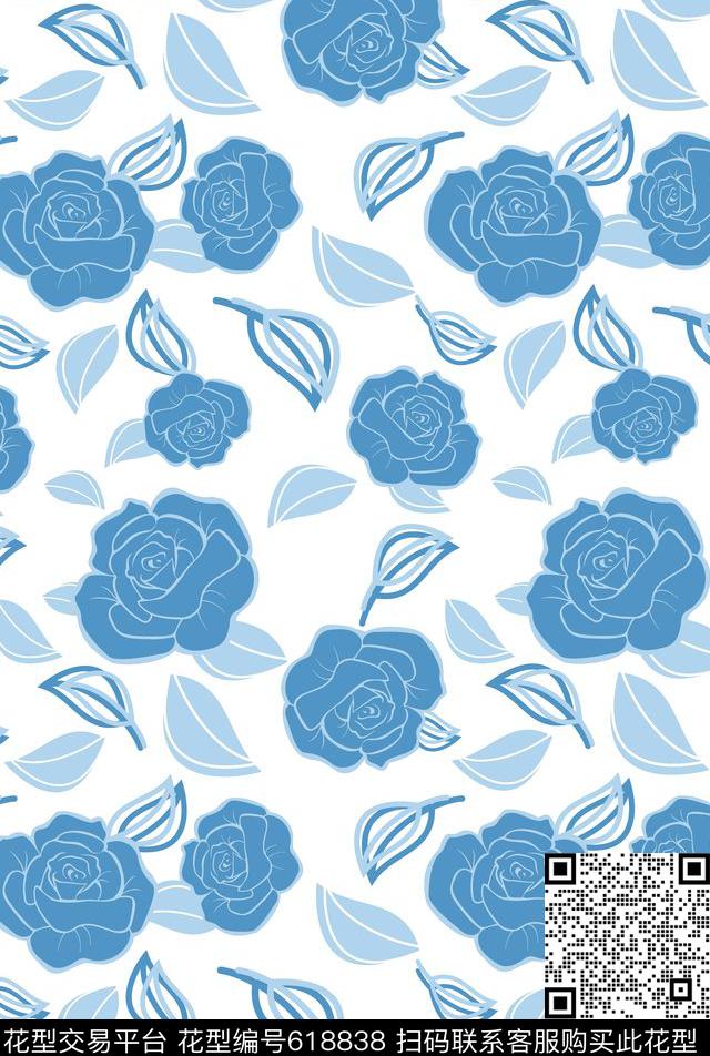 玫瑰树叶花卉碎花大花小花传统印花华亿平台下载（图片编号: 618838） - 瓦栏（Walan）